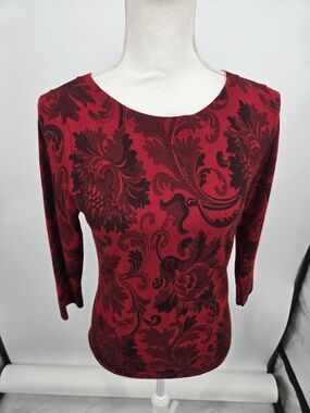 Talbots Red and Black Floral Damask Merino Wool Sweater SP (7272)